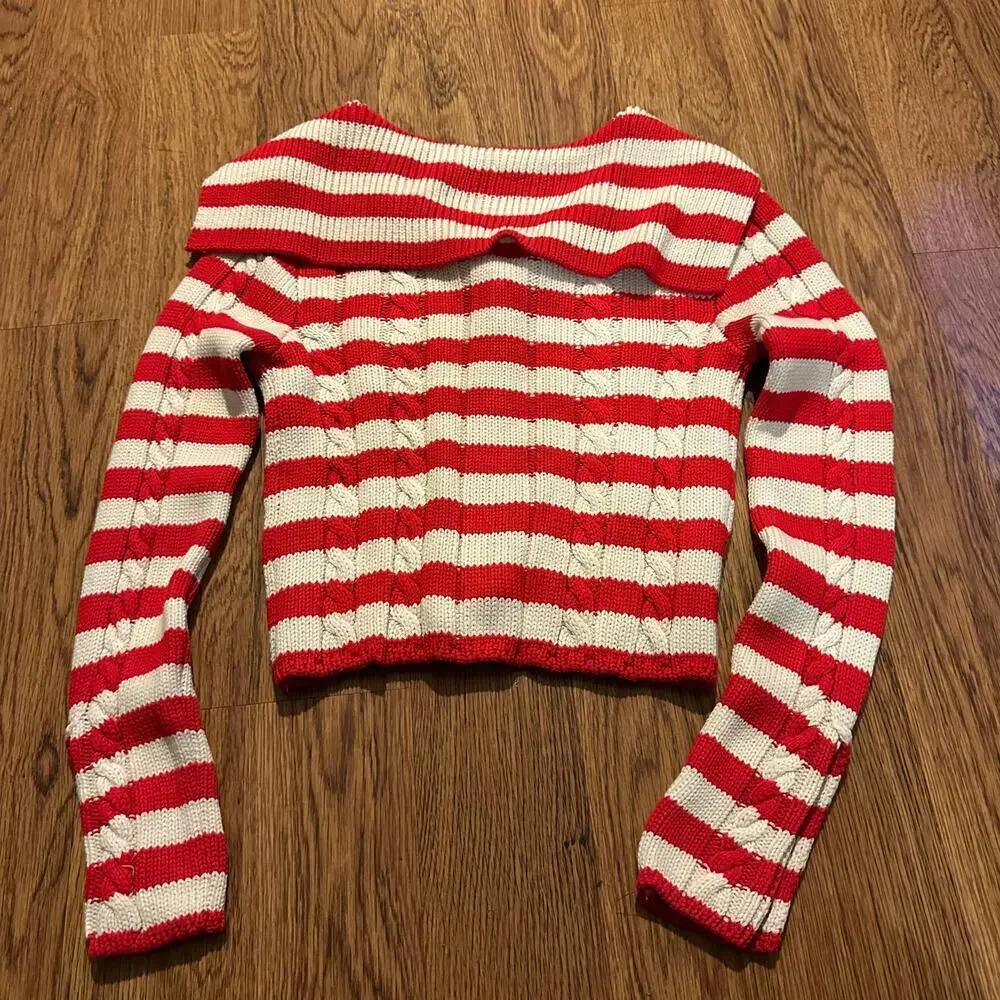 Zara red white striped cable knit long sleeve cardigan sweater XS wide collar